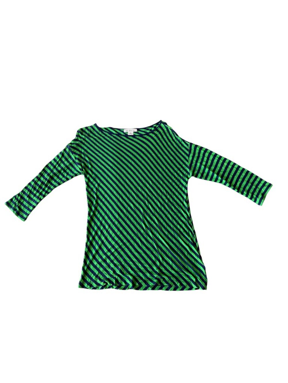 Liz Claiborne Green & Navy Striped Rayon Boatneck 3/4 Sleeve Top M